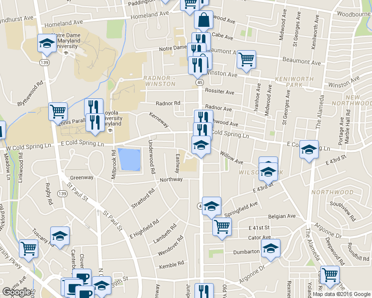 map of restaurants, bars, coffee shops, grocery stores, and more near 4634 Kernwood Avenue in Baltimore