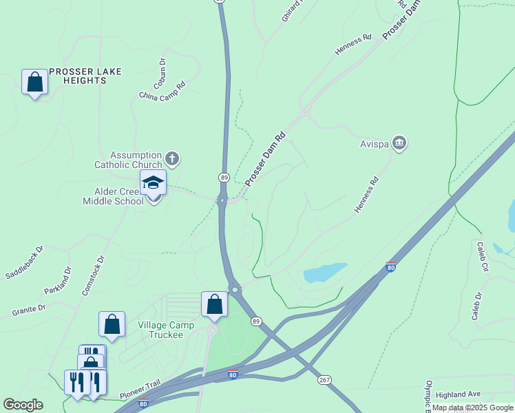 map of restaurants, bars, coffee shops, grocery stores, and more near 10175 Annies Loop in Truckee