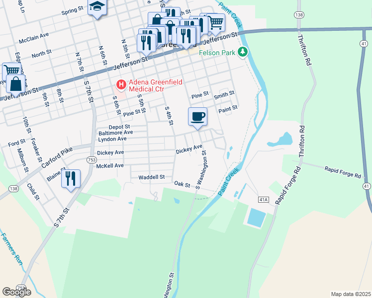 map of restaurants, bars, coffee shops, grocery stores, and more near 63 Dickey Avenue in Greenfield