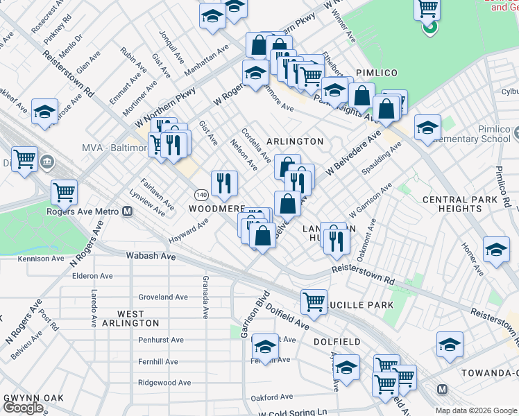 map of restaurants, bars, coffee shops, grocery stores, and more near Saint Charles Avenue in Baltimore