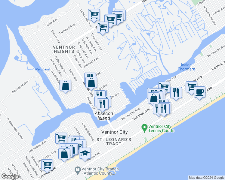 map of restaurants, bars, coffee shops, grocery stores, and more near 212 North Suffolk Avenue in Ventnor City