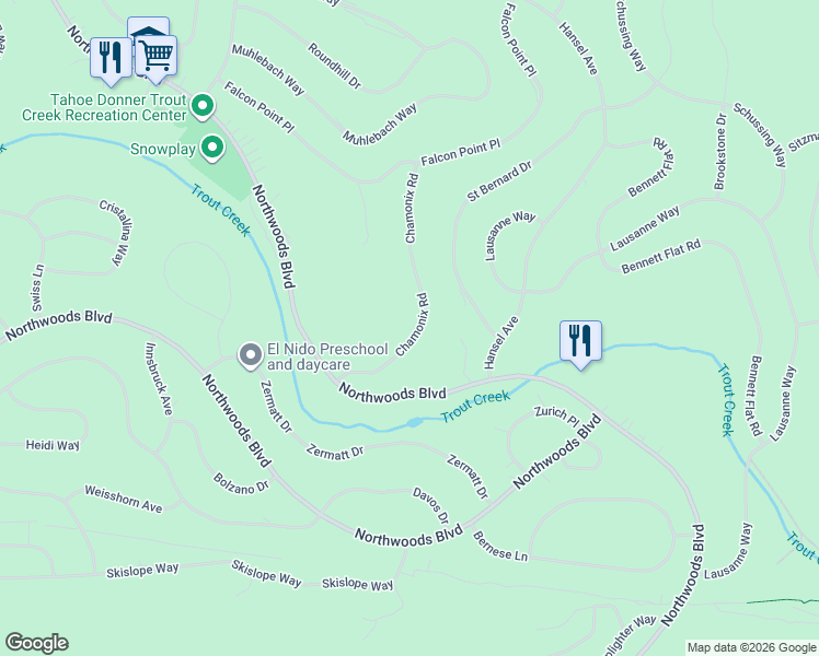 map of restaurants, bars, coffee shops, grocery stores, and more near 11608 Chamonix Road in Truckee
