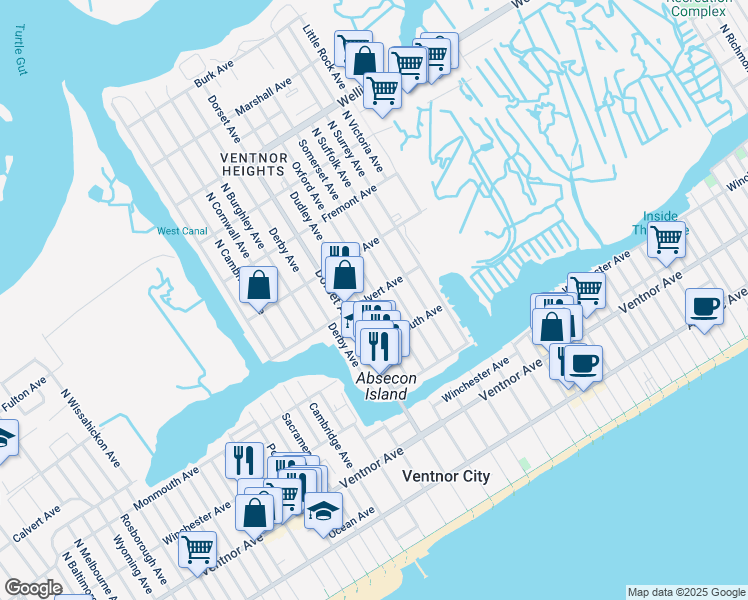 map of restaurants, bars, coffee shops, grocery stores, and more near 5700 Calvert Avenue in Ventnor City