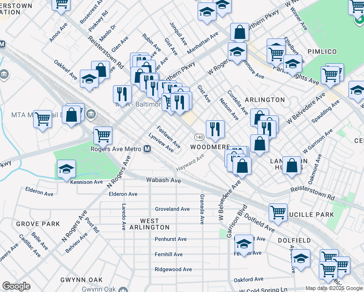map of restaurants, bars, coffee shops, grocery stores, and more near 5309 Fairlawn Avenue in Baltimore