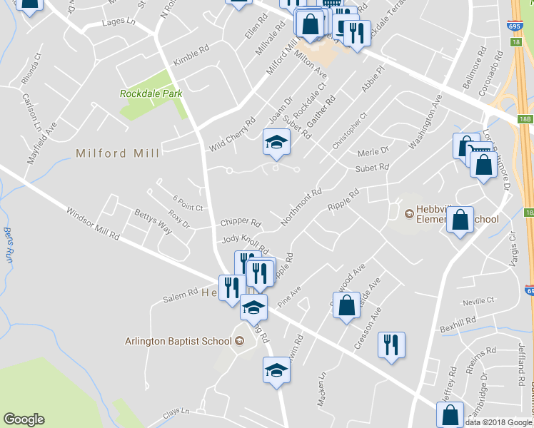map of restaurants, bars, coffee shops, grocery stores, and more near 7907 Montwood Road in Milford Mill