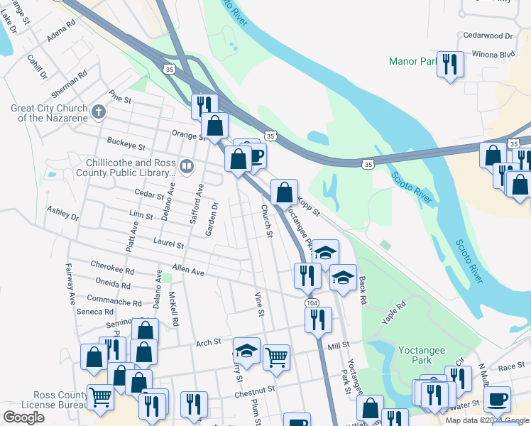 map of restaurants, bars, coffee shops, grocery stores, and more near 568 Church Street in Chillicothe