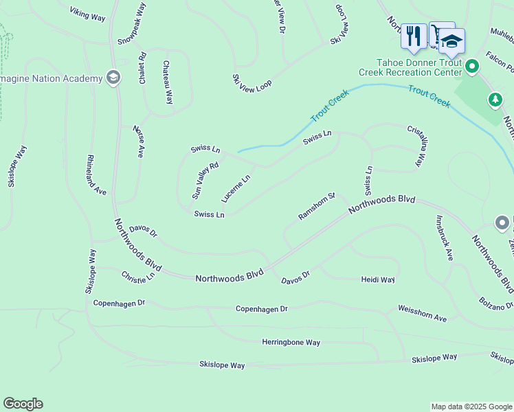 map of restaurants, bars, coffee shops, grocery stores, and more near 14896 Swiss Lane in Truckee