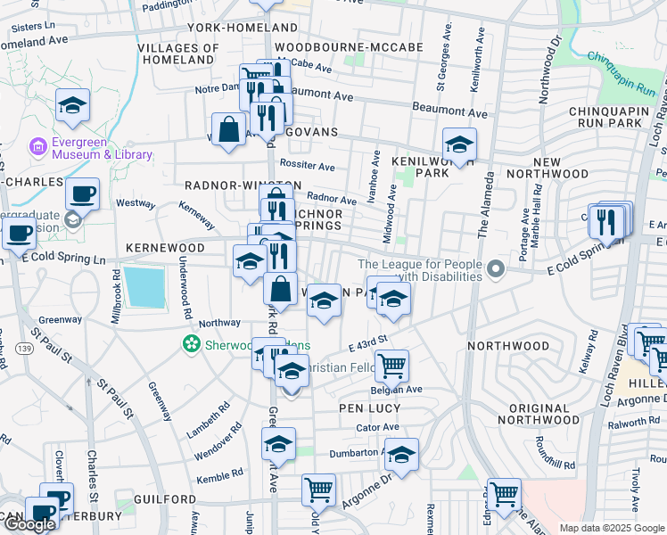 map of restaurants, bars, coffee shops, grocery stores, and more near 4724 Wrenwood Avenue in Baltimore