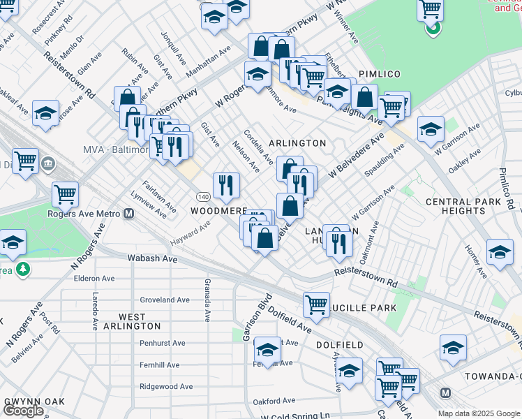 map of restaurants, bars, coffee shops, grocery stores, and more near Saint Charles Avenue in Baltimore