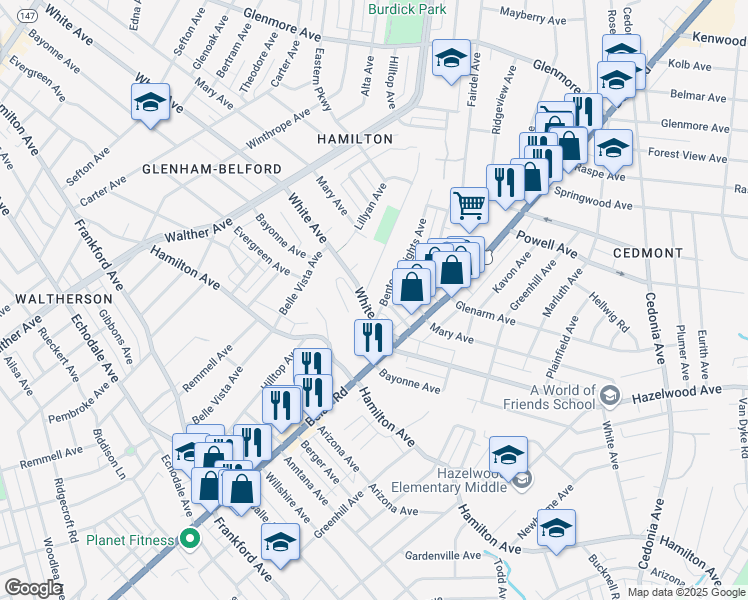 map of restaurants, bars, coffee shops, grocery stores, and more near 5810 Benton Heights Avenue in Baltimore