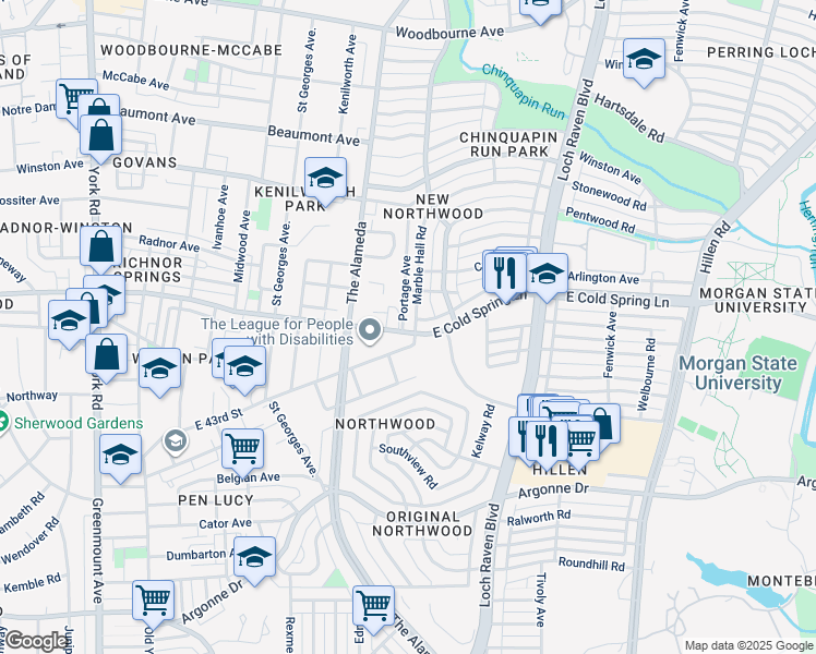 map of restaurants, bars, coffee shops, grocery stores, and more near 4500 Marble Hall Road in Baltimore