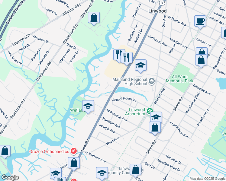 map of restaurants, bars, coffee shops, grocery stores, and more near 24 Catalina Drive in Linwood