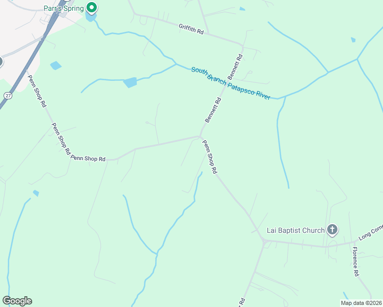 map of restaurants, bars, coffee shops, grocery stores, and more near 18351 Penn Shop Road in Mount Airy