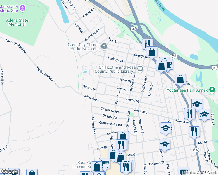 map of restaurants, bars, coffee shops, grocery stores, and more near 668 Linn Street in Chillicothe