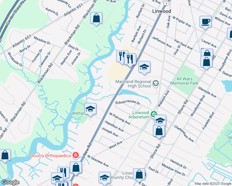 map of restaurants, bars, coffee shops, grocery stores, and more near 24 Catalina Drive in Linwood