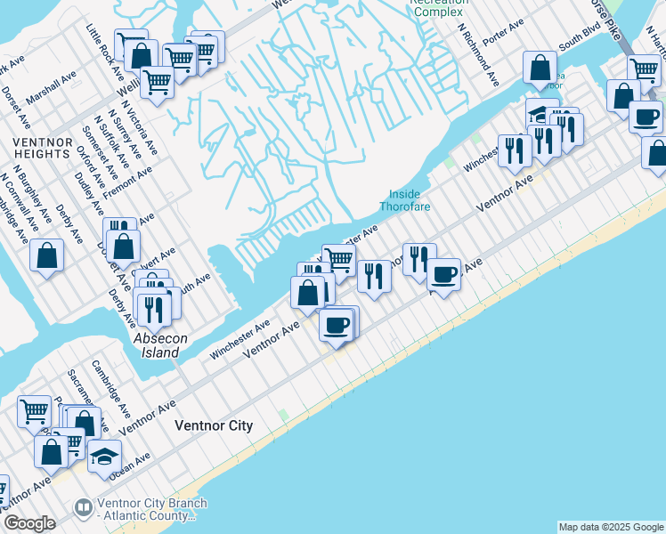 map of restaurants, bars, coffee shops, grocery stores, and more near 16 North Nashville Avenue in Ventnor City