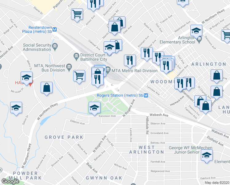 map of restaurants, bars, coffee shops, grocery stores, and more near 5760 Wabash Avenue in Baltimore
