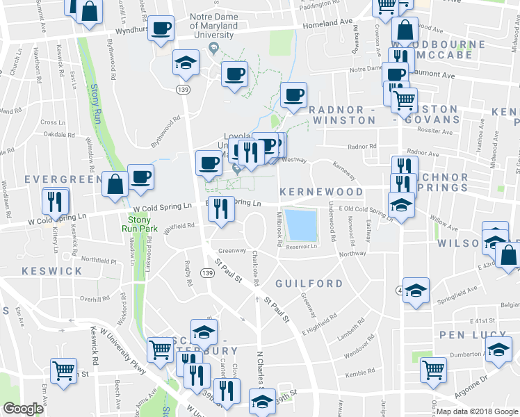 map of restaurants, bars, coffee shops, grocery stores, and more near 20 Charlcote Place in Baltimore