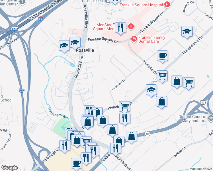 map of restaurants, bars, coffee shops, grocery stores, and more near 8908 Mayflower Road in Rosedale