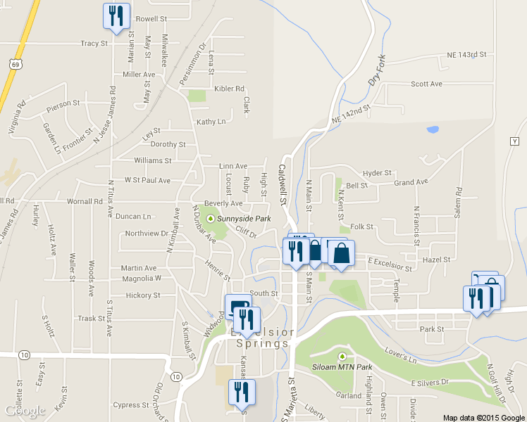 map of restaurants, bars, coffee shops, grocery stores, and more near 112 Cliff Drive in Excelsior Springs