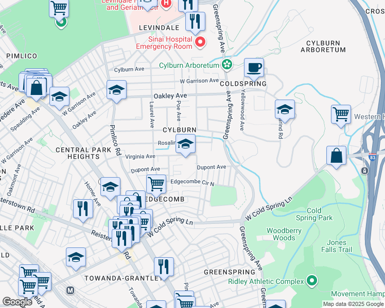 map of restaurants, bars, coffee shops, grocery stores, and more near 2803 Virginia Avenue in Baltimore