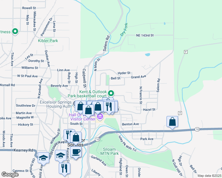map of restaurants, bars, coffee shops, grocery stores, and more near 627 North Kent Street in Excelsior Springs