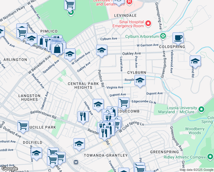 map of restaurants, bars, coffee shops, grocery stores, and more near 3024 Virginia Avenue in Baltimore