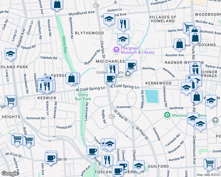 map of restaurants, bars, coffee shops, grocery stores, and more near 4413 North Charles Street in Baltimore