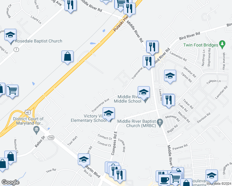 map of restaurants, bars, coffee shops, grocery stores, and more near 68 Transverse Avenue in Middle River