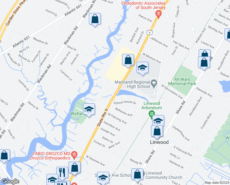 map of restaurants, bars, coffee shops, grocery stores, and more near 17 Catalina Drive in Linwood