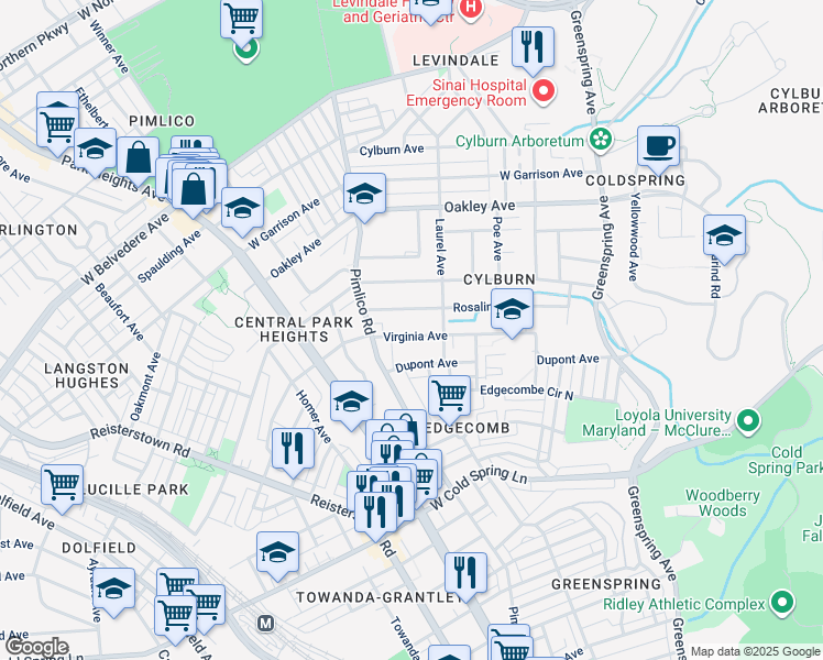 map of restaurants, bars, coffee shops, grocery stores, and more near 3012 Virginia Avenue in Baltimore