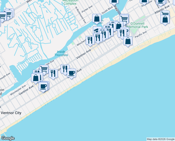 map of restaurants, bars, coffee shops, grocery stores, and more near 100 South Plaza Place in Atlantic City