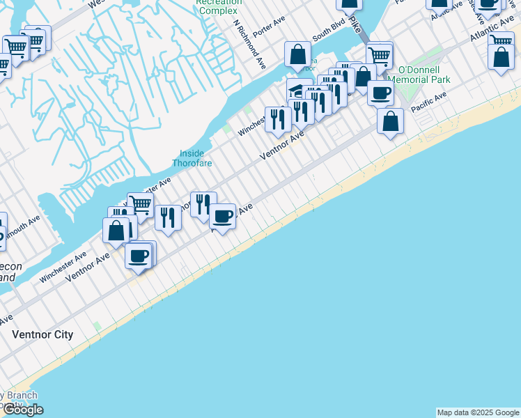 map of restaurants, bars, coffee shops, grocery stores, and more near 100 South Plaza Place in Atlantic City