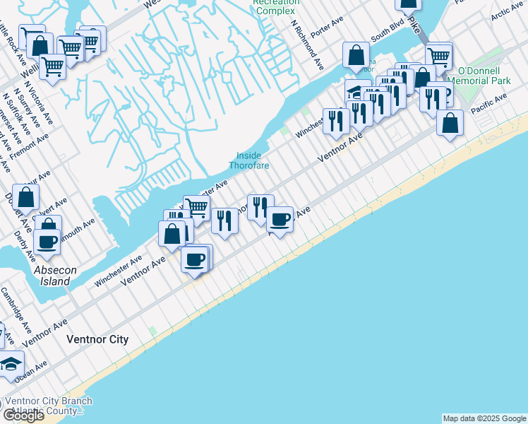 map of restaurants, bars, coffee shops, grocery stores, and more near 20 Jackson Avenue in Atlantic City