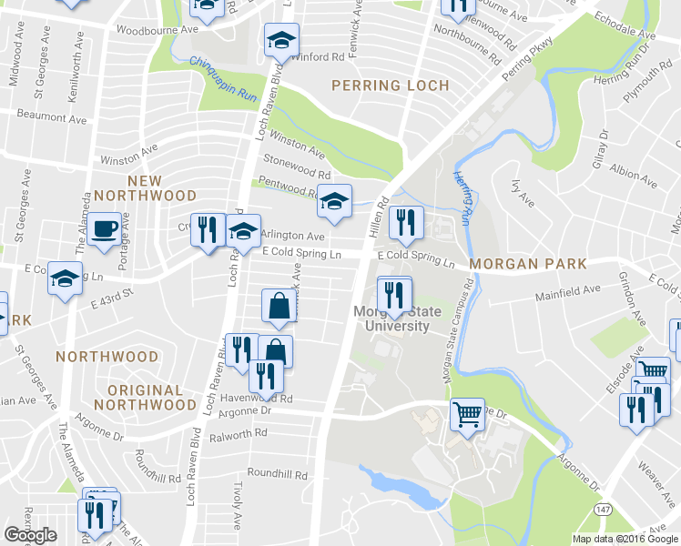 map of restaurants, bars, coffee shops, grocery stores, and more near 1650 Northgate Road in Baltimore