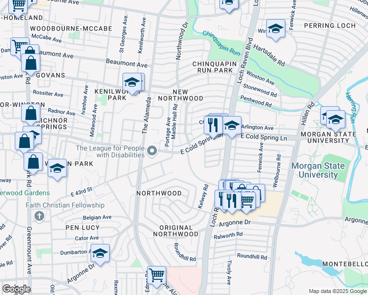 map of restaurants, bars, coffee shops, grocery stores, and more near 1230 East Cold Spring Lane in Baltimore