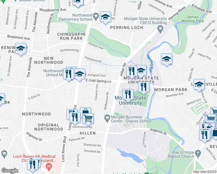 map of restaurants, bars, coffee shops, grocery stores, and more near 1642 Northgate Road in Baltimore