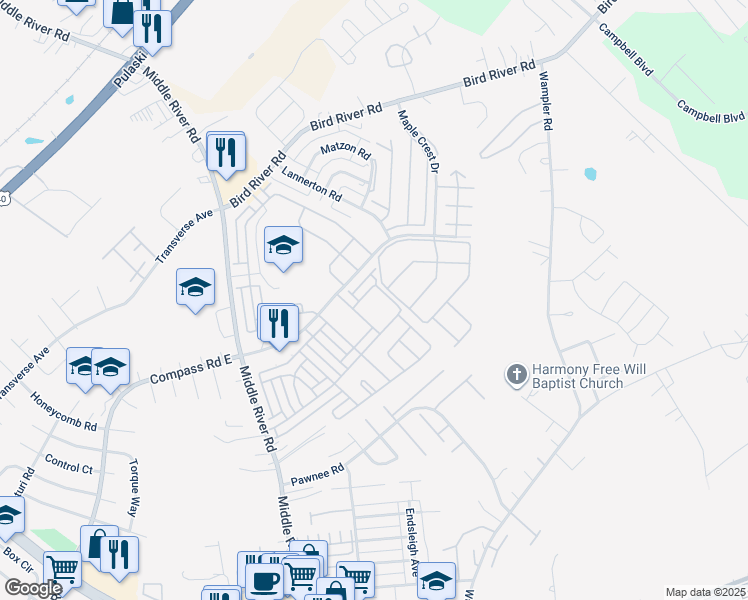 map of restaurants, bars, coffee shops, grocery stores, and more near 9822 Biggs Road in Middle River