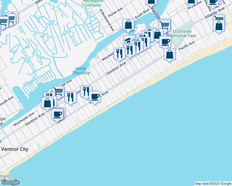 map of restaurants, bars, coffee shops, grocery stores, and more near 125 South Berkley Square in Atlantic City