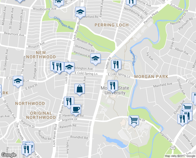 map of restaurants, bars, coffee shops, grocery stores, and more near 1652 Northgate Road in Baltimore