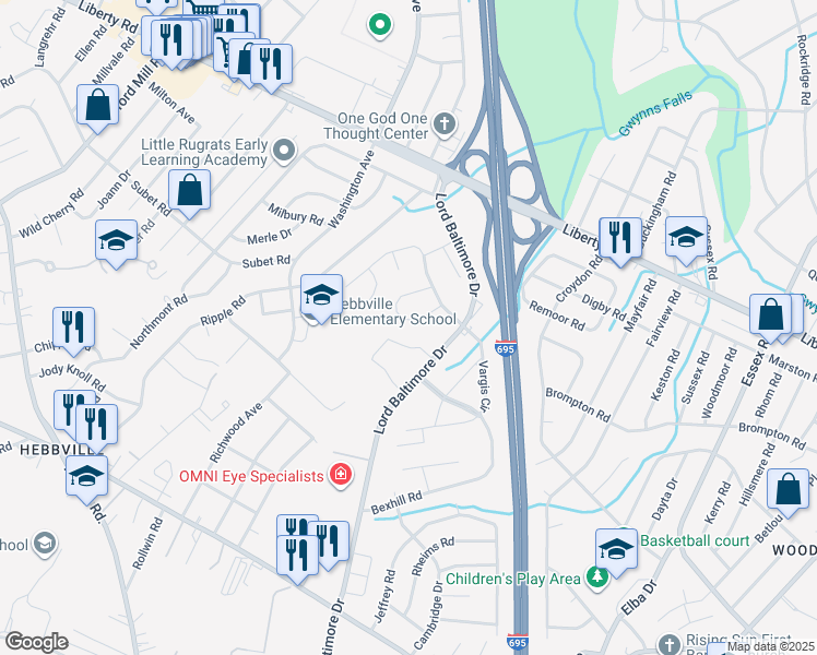 map of restaurants, bars, coffee shops, grocery stores, and more near 3532 Derby Shire Circle in Milford Mill