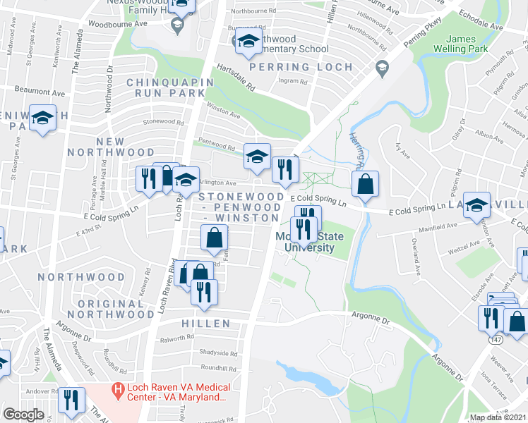map of restaurants, bars, coffee shops, grocery stores, and more near 1652 Northgate Road in Baltimore