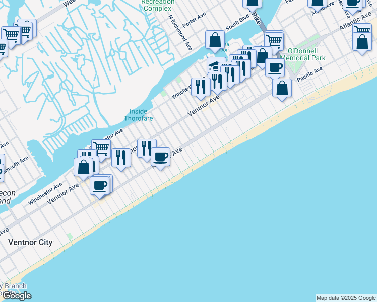 map of restaurants, bars, coffee shops, grocery stores, and more near 100 South Plaza Place in Atlantic City