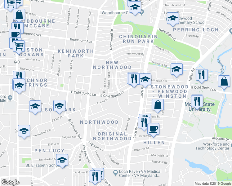 map of restaurants, bars, coffee shops, grocery stores, and more near 1234 East Cold Spring Lane in Baltimore