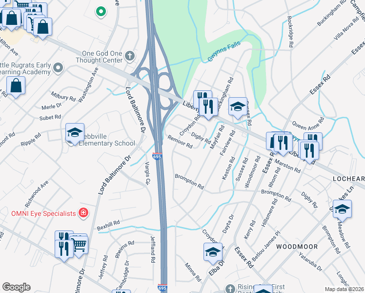map of restaurants, bars, coffee shops, grocery stores, and more near 7420 Remoor Road in Baltimore