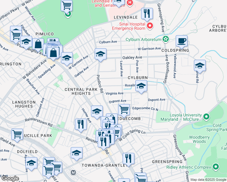 map of restaurants, bars, coffee shops, grocery stores, and more near 3012 Virginia Avenue in Baltimore