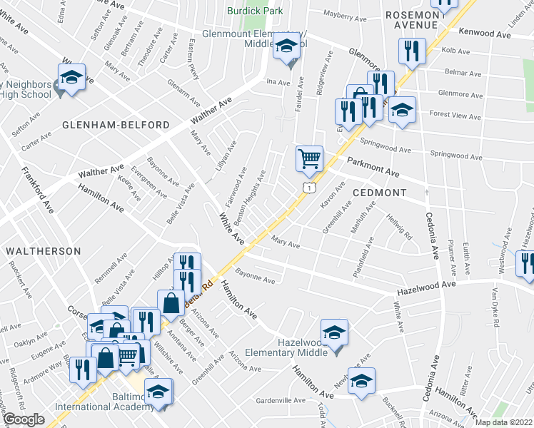 map of restaurants, bars, coffee shops, grocery stores, and more near 4107 Granite Road in Baltimore