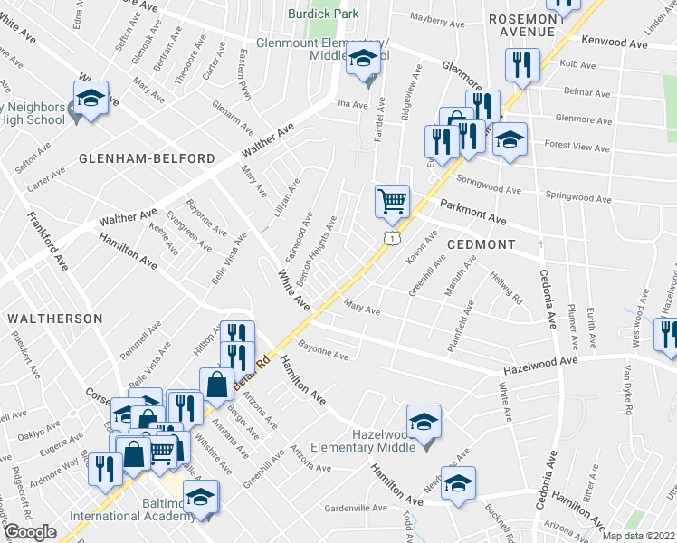 map of restaurants, bars, coffee shops, grocery stores, and more near 4107 Granite Avenue in Baltimore