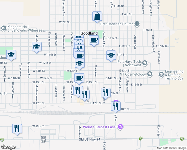 map of restaurants, bars, coffee shops, grocery stores, and more near 1352-1398 Clark Avenue in Goodland