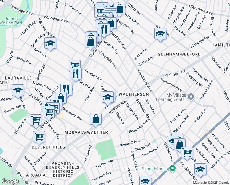 map of restaurants, bars, coffee shops, grocery stores, and more near 3323 Rueckert Avenue in Baltimore